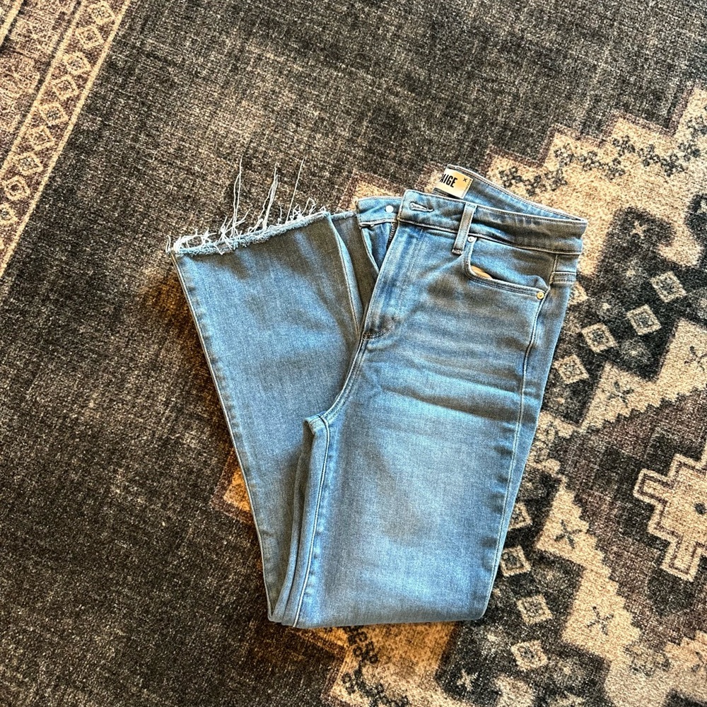 PAIGE Blue Ankle Cropped Jeans with Distressed Hem